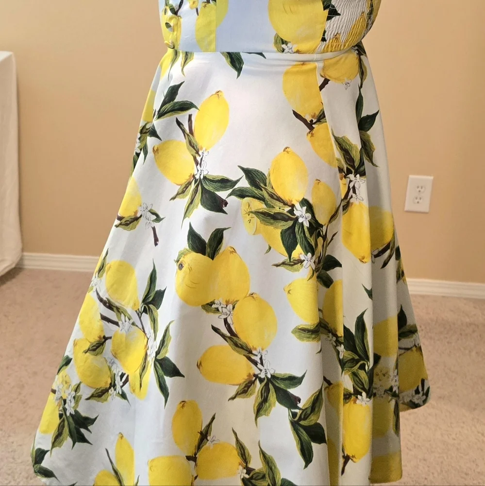 Belle Poque Retro Vintage Fit & Flare Lemon Print Dress Size L - Picture 7 of 12